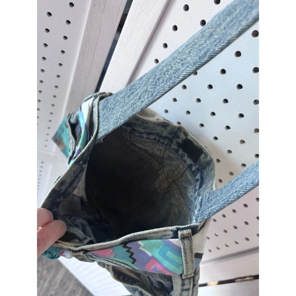 VTG Lee Denim Jeans Shoulder Bag Purse Handpainted Southwestern 90s Belted - Picture 11 of 11